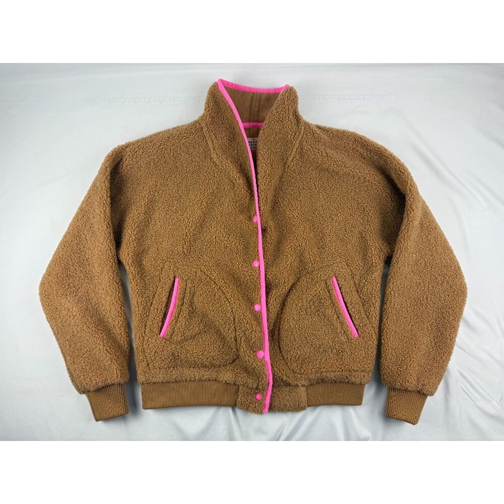 Marine Layer Sierra Sherpa Jacket XS Brown Fleece Neon Pink Trim Cozy Teddy - Picture 2 of 8